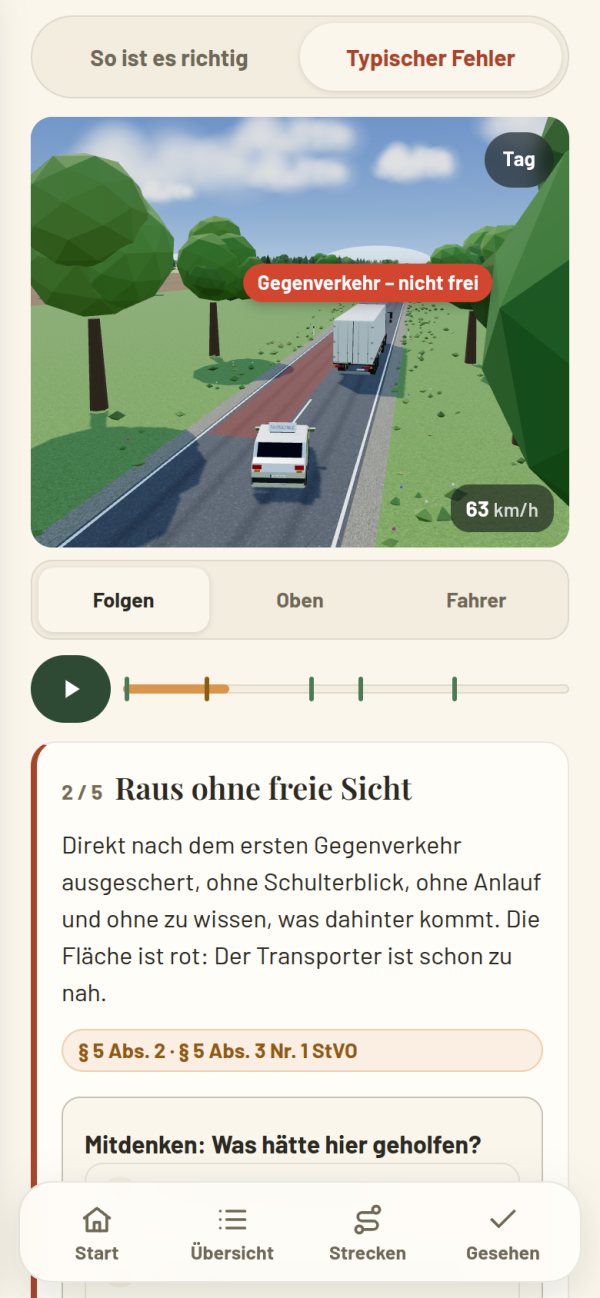 3D-Szene Überholen: typischer Fehler, Gegenverkehr nicht frei, mit StVO-Paragraf