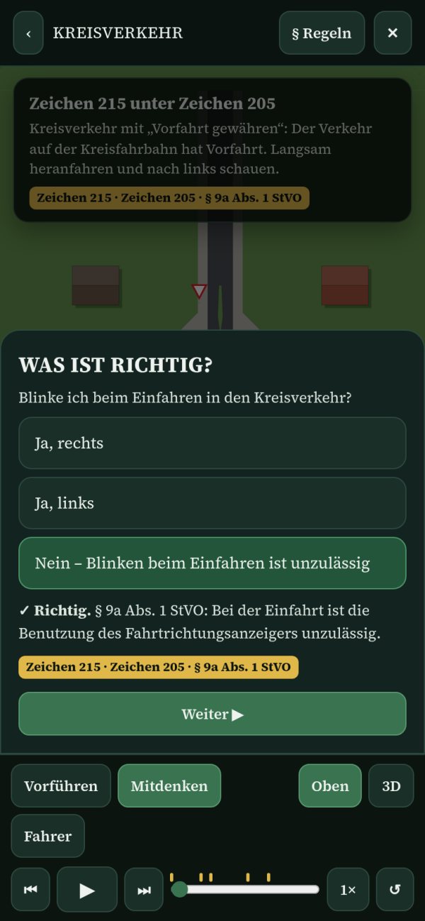 Lernszene Kreisverkehr mit Frage und Antwort samt Paragraf